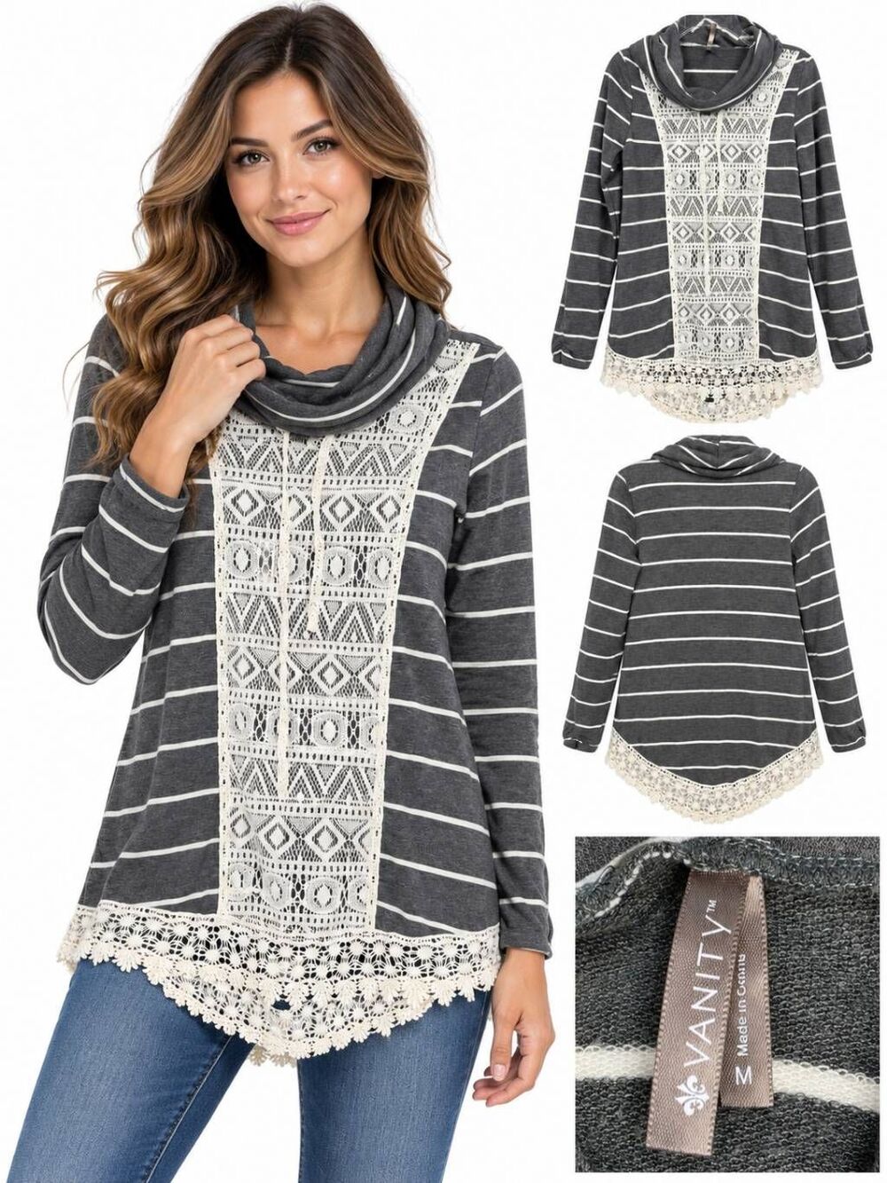 Vanity Gray Striped Lace Trim Hoodie Top Medium